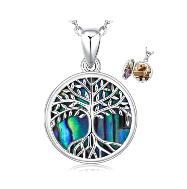 Sterling Silver Tree of Life Locket Necklace With Abalone Shell-0