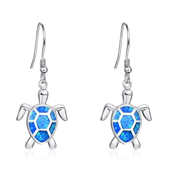 Sterling Silver Blue Opal Turtle Drop Earrings-0