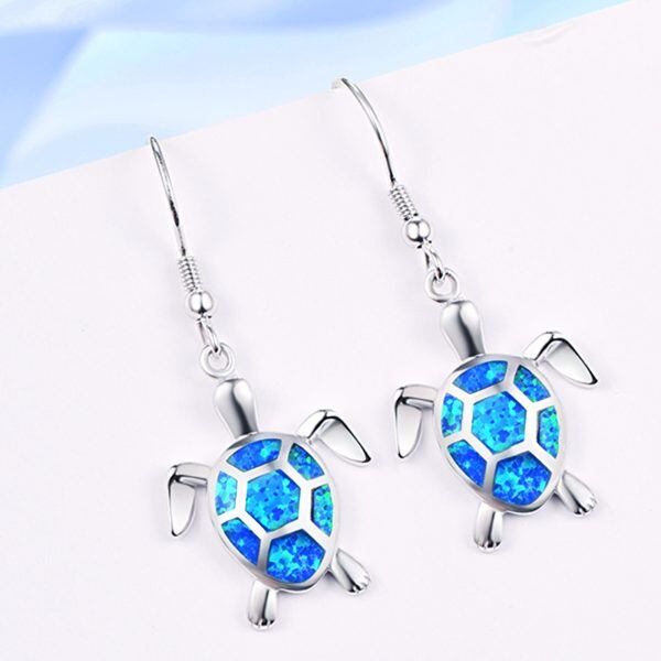 Sterling Silver Blue Opal Turtle Drop Earrings-3