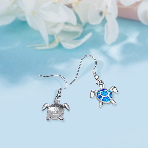 Sterling Silver Blue Opal Turtle Drop Earrings-4