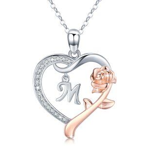 Sterling Silver Initial "M" Letters Rose Heart Pendant Necklace-0