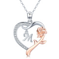 wholesale 925 Sterling Silver & 18K Rose Gold Plated Heart with Rose Flower Initial M Pendant Necklace for Women-0-0