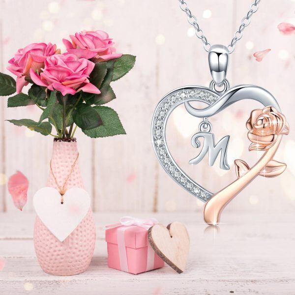 Sterling Silver Initial "M" Letters Rose Heart Pendant Necklace-5