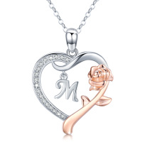 wholesale 925 Sterling Silver & 18K Rose Gold Plated Heart with Rose Flower Initial M Pendant Necklace for Women- Two Tone