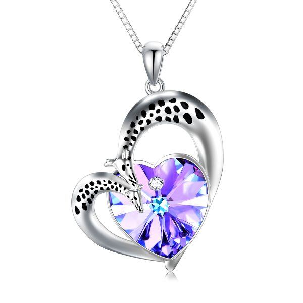 Sterling Silver Giraffe Heart Pendant Necklace With Purple Crystal-0