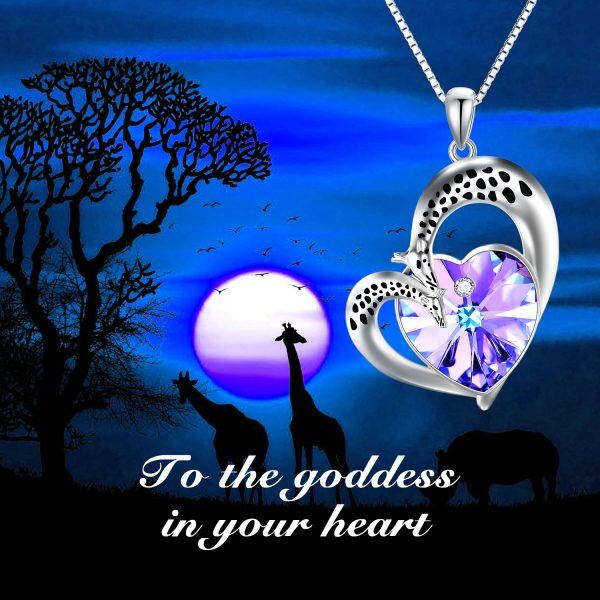 Sterling Silver Giraffe Heart Pendant Necklace With Purple Crystal-2