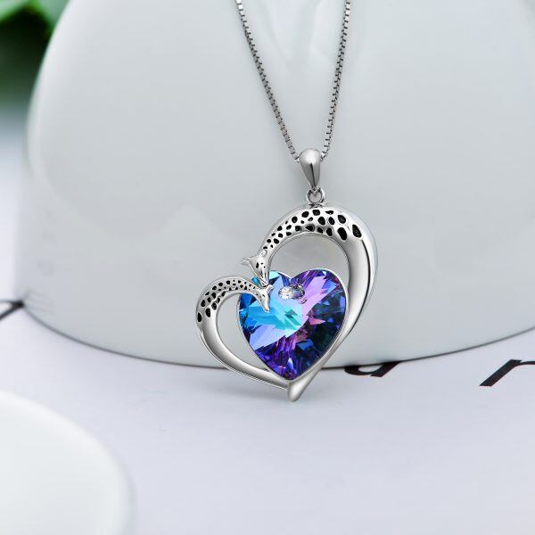 Sterling Silver Giraffe Heart Pendant Necklace With Purple Crystal-4