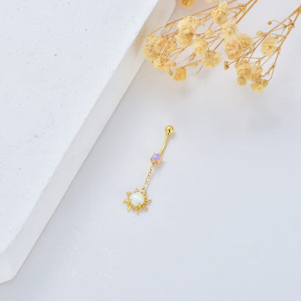 14K Solid Gold Sun Opal Dangle Belly Button Rings-2