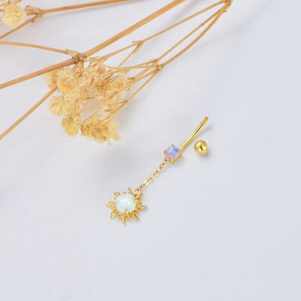 14K Solid Gold Sun Opal Dangle Belly Button Rings-3