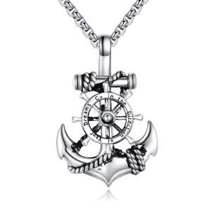 Sterling Silver Oxidized Anchor Pendant Necklace With Stainless Steel Chain-0