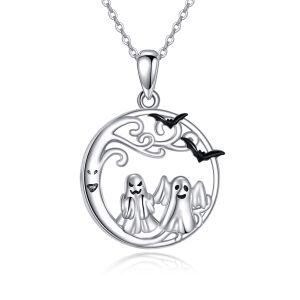 Sterling Silver Halloween White Ghost Pendant Necklace-0