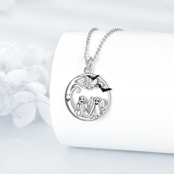 Sterling Silver Halloween White Ghost Pendant Necklace-4