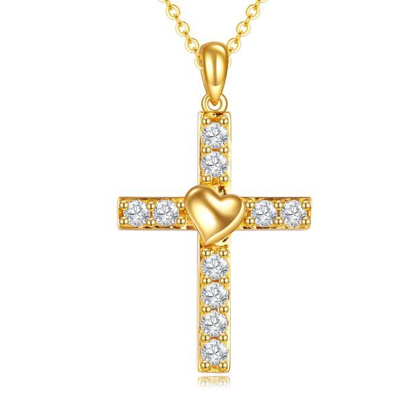 14K Solid Gold Cross Heart Pendant Necklace-0