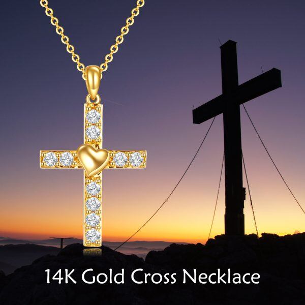 14K Solid Gold Cross Heart Pendant Necklace-5