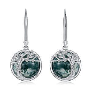 Sterling Silver Tree of Life Moss Agate Dangle Earrings-0