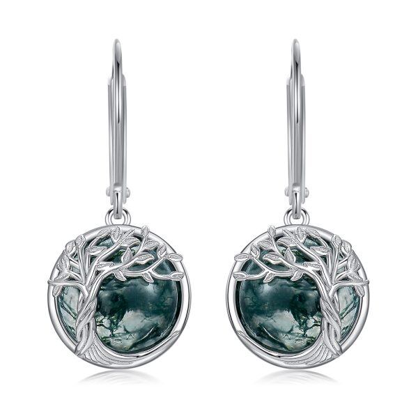 Sterling Silver Tree of Life Moss Agate Dangle Earrings-0