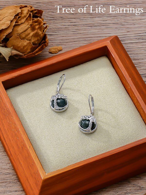 Sterling Silver Tree of Life Moss Agate Dangle Earrings-3