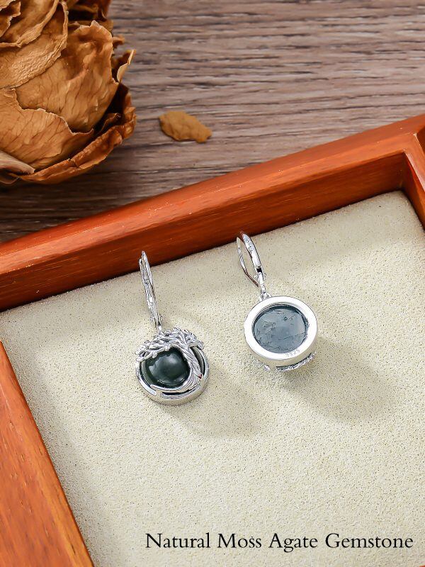 Sterling Silver Tree of Life Moss Agate Dangle Earrings-4