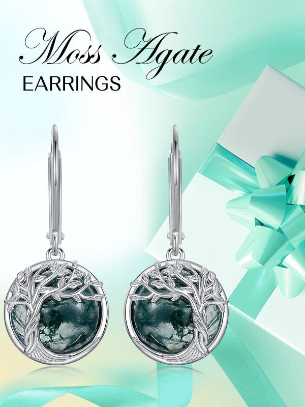 Sterling Silver Tree of Life Moss Agate Dangle Earrings-5