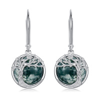 wholesale 925 Sterling Silver Tree of Life Design with Green Moss Agate Stone Round Shape Drop Dangle Earrings for Women- Rhodium Plated