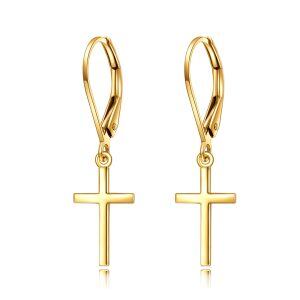 14K Solid Gold Cross Dangle Drop Earrings-0