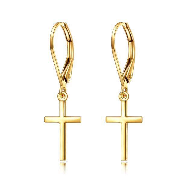 14K Solid Gold Cross Dangle Drop Earrings-0