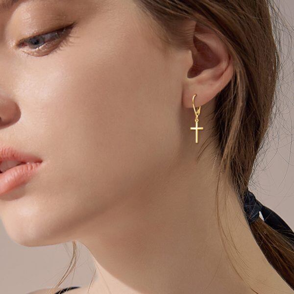 14K Solid Gold Cross Dangle Drop Earrings-2