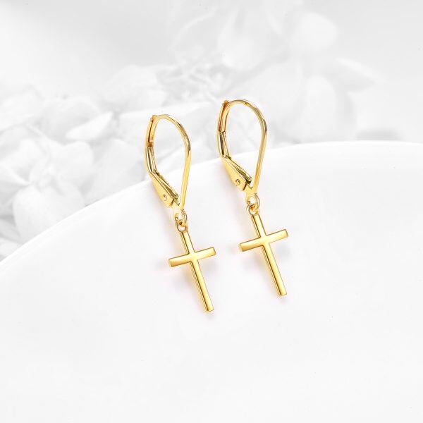 14K Solid Gold Cross Dangle Drop Earrings-3