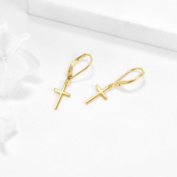 14K Solid Gold Cross Dangle Drop Earrings-4