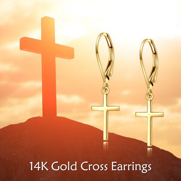 14K Solid Gold Cross Dangle Drop Earrings-5