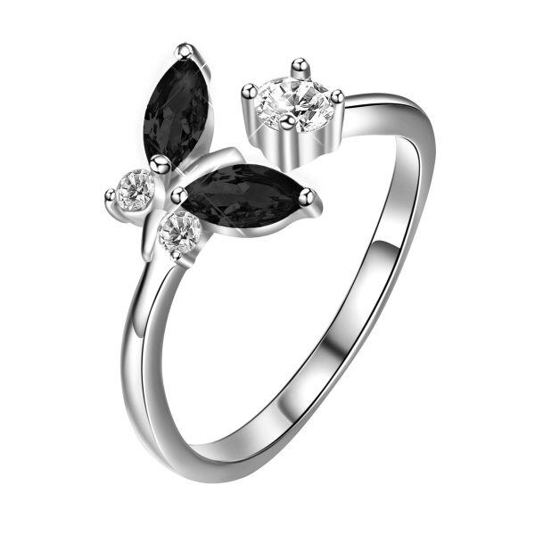 Sterling Silver Black Crystal Butterfly Adjustable Rings-0