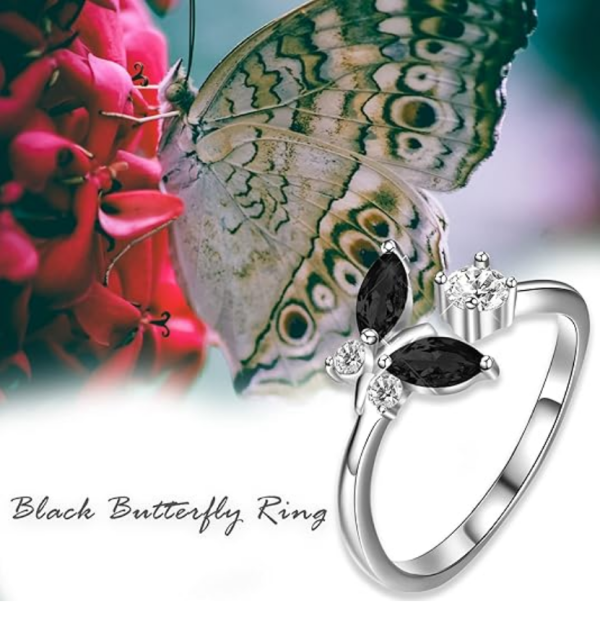 Sterling Silver Black Crystal Butterfly Adjustable Rings-3