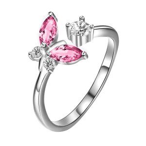 Sterling Silver Pink Crystal Butterfly Adjustable Rings-0