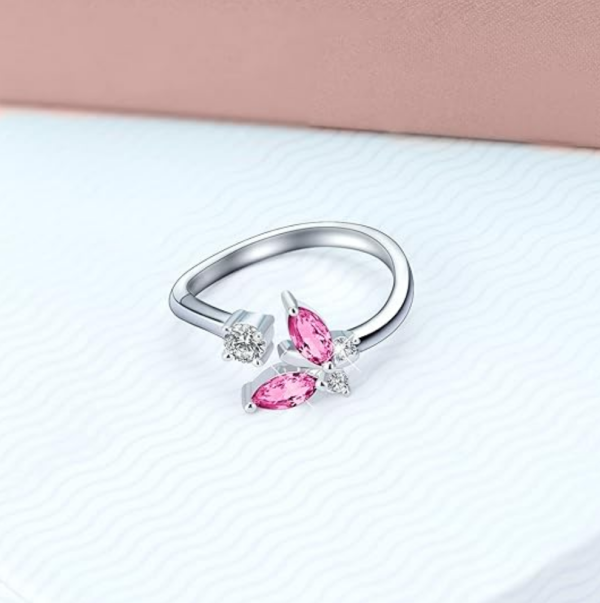 Sterling Silver Pink Crystal Butterfly Adjustable Rings-2