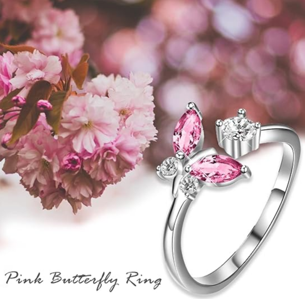 Sterling Silver Pink Crystal Butterfly Adjustable Rings-3