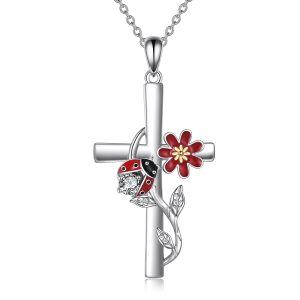 Sterling Silver Enamel Ladybug Cross Pendant Necklace-0