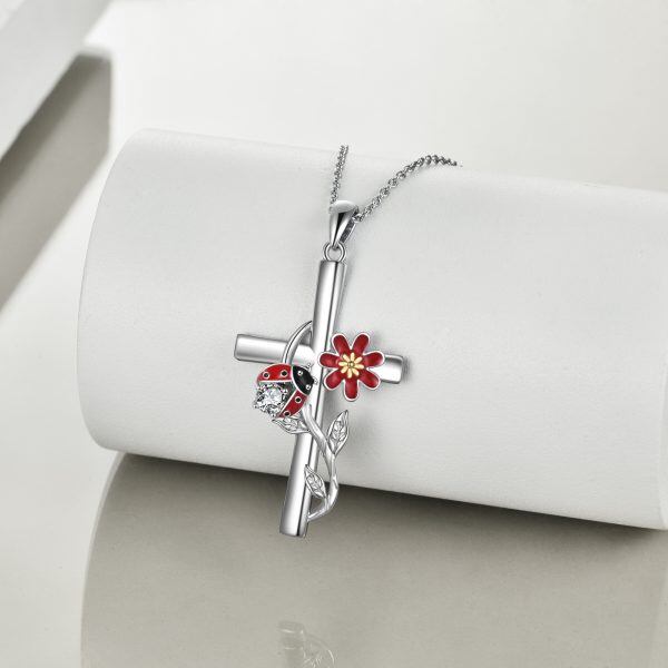 Sterling Silver Enamel Ladybug Cross Pendant Necklace-3