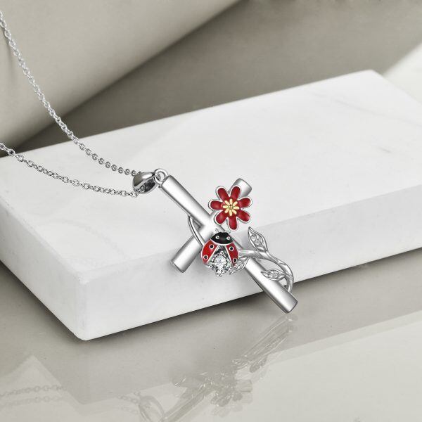 Sterling Silver Enamel Ladybug Cross Pendant Necklace-4