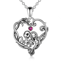 wholesale 925 Sterling Silver CZ Heart Moon Sally Halloween Gothic Pendant Necklace- Oxidized/Oxidised