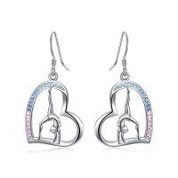 wholesale Silver Heart-Shaped Gymnastic Dangle Earrings with Crystals and 925 Sterling Silver Hooks- Rhodium Plated
