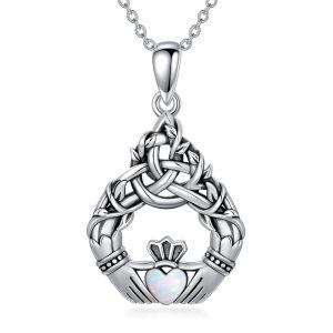 Sterling Silver Celtic Claddagh Tree of Life Pendant Necklace with Opal-0