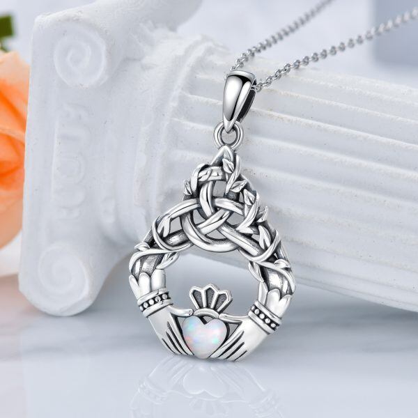 Sterling Silver Celtic Claddagh Tree of Life Pendant Necklace with Opal-3