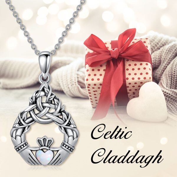 Sterling Silver Celtic Claddagh Tree of Life Pendant Necklace with Opal-5