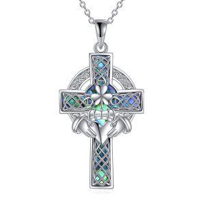 Sterling Silver Celtic Claddagh Cross Pendant Necklace with Abalone Shell-0