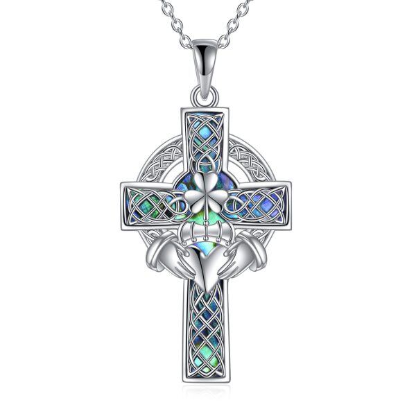 Sterling Silver Celtic Claddagh Cross Pendant Necklace with Abalone Shell-0