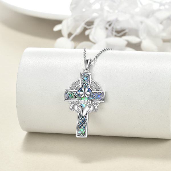 Sterling Silver Celtic Claddagh Cross Pendant Necklace with Abalone Shell-3