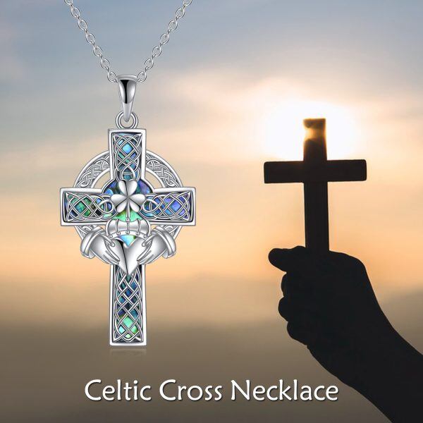 Sterling Silver Celtic Claddagh Cross Pendant Necklace with Abalone Shell-5