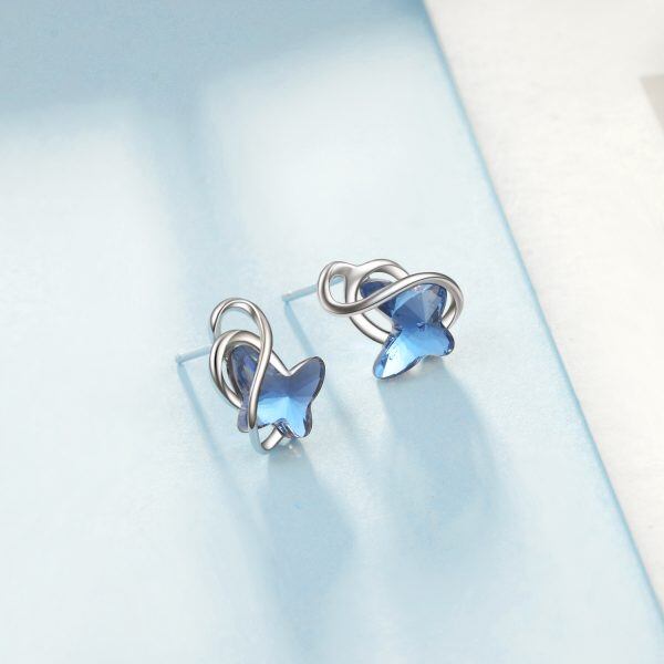 Sterling Silver Blue Crystal Butterfly Stud Earrings-3