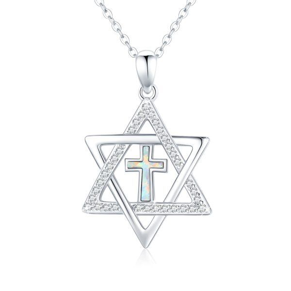 Sterling Silver Star of David Opal Cross Pendant Necklace-0