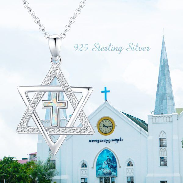 Sterling Silver Star of David Opal Cross Pendant Necklace-5